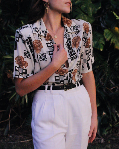 Vintage Ivory + Carmel Floral Geometric Blouse